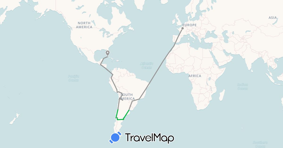 TravelMap itinerary: driving, bus, plane, hitchhiking in Argentina, Bolivia, Brazil, Chile, Colombia, Costa Rica, Cuba, Ecuador, France, Guatemala, Morocco, Mexico, Peru (Africa, Europe, North America, South America)